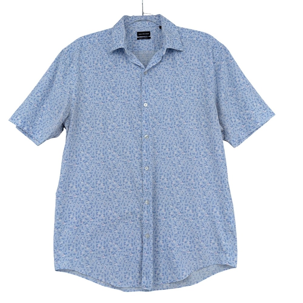 Van Heusen Slim Fit Stretch Mens Medium Cotton Blend Blue Floral Short Sleeve